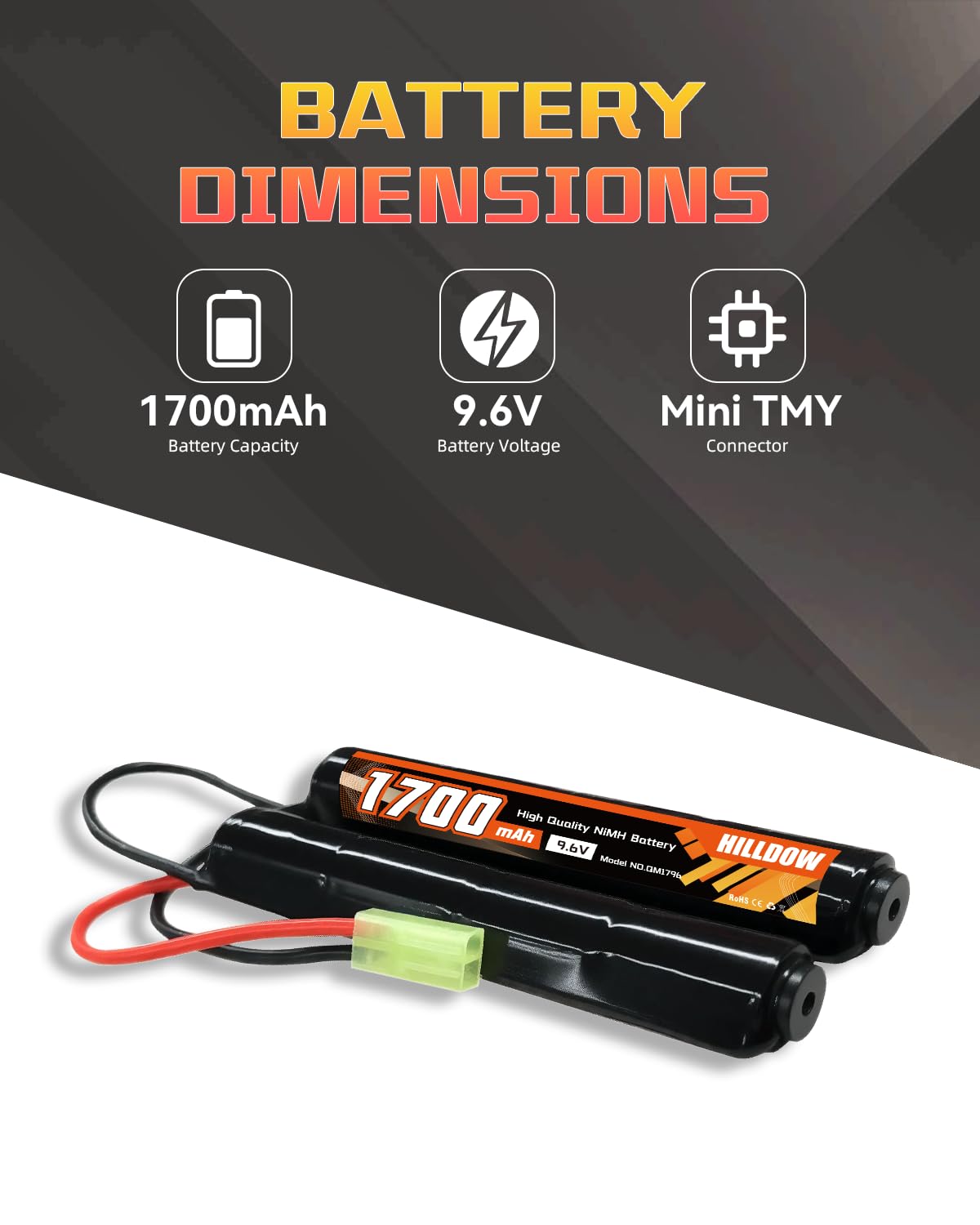 HILLDOW Batería NiMH 9.6V para Airsoft 1700mAh Batería Recargable con Miniconector TMY Batería RC para Pistolas de Airsoft(2 Paquetes)
