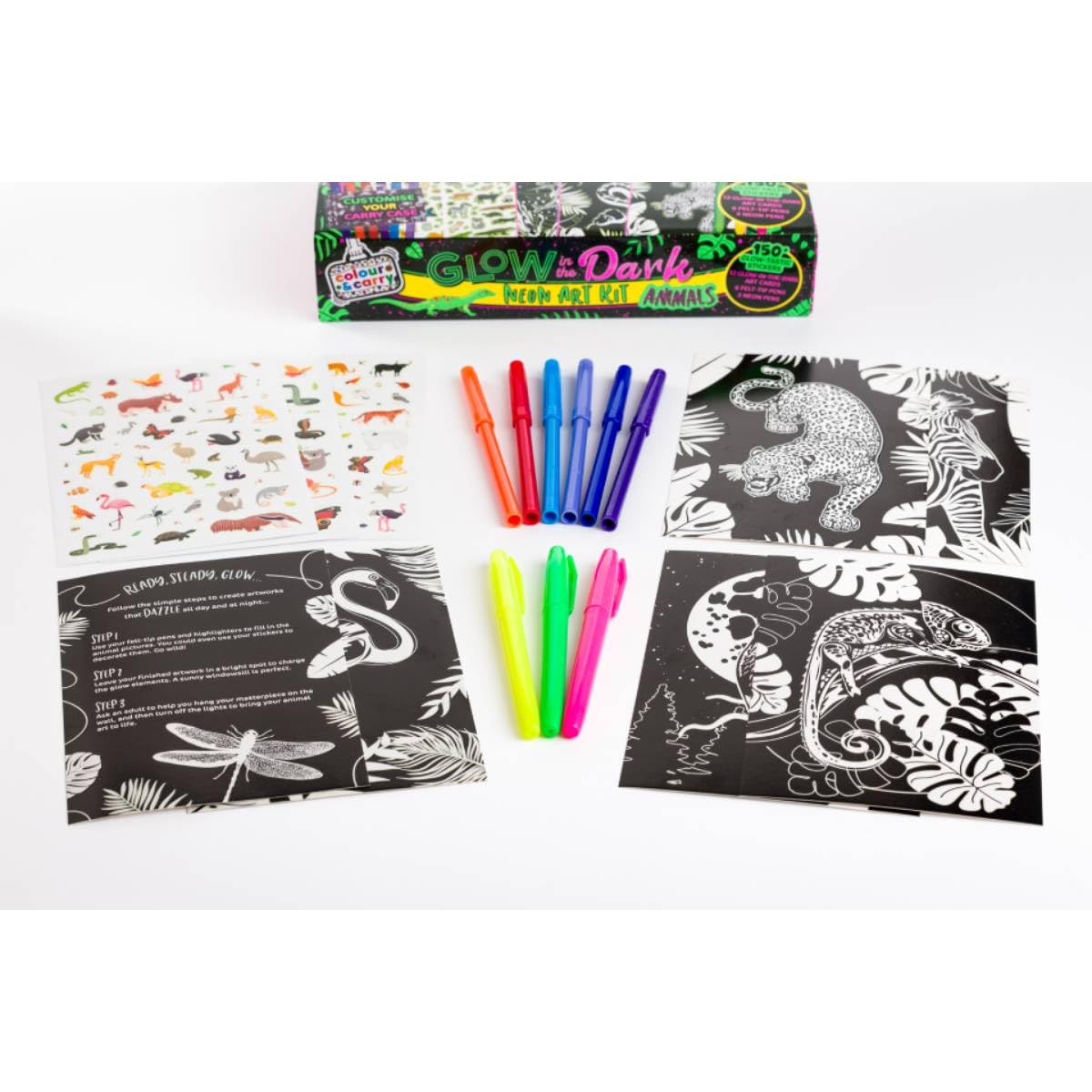 Bookoli - Glow in the Dark Animal Activity Case - Neon Colour & Carry Kit - Kids Colouring Sets - Arts and Crafts for Kids - Image 2