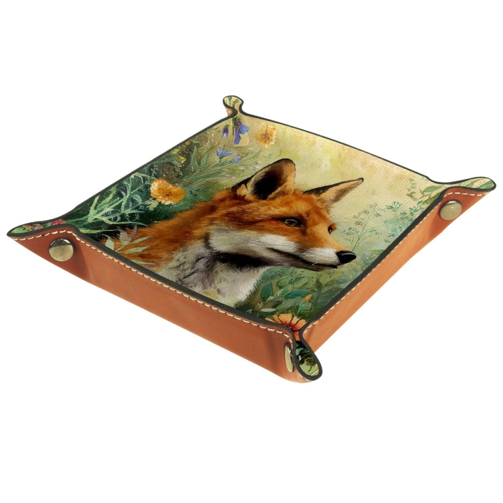 VAPOKF Fox Portable Dice Rolling Tray, Microfiber Leather Dice Holder Game Box for D&D, RPG, Table Games or Desktop Phone Key Storage, 20.5 × 20.5 cm
