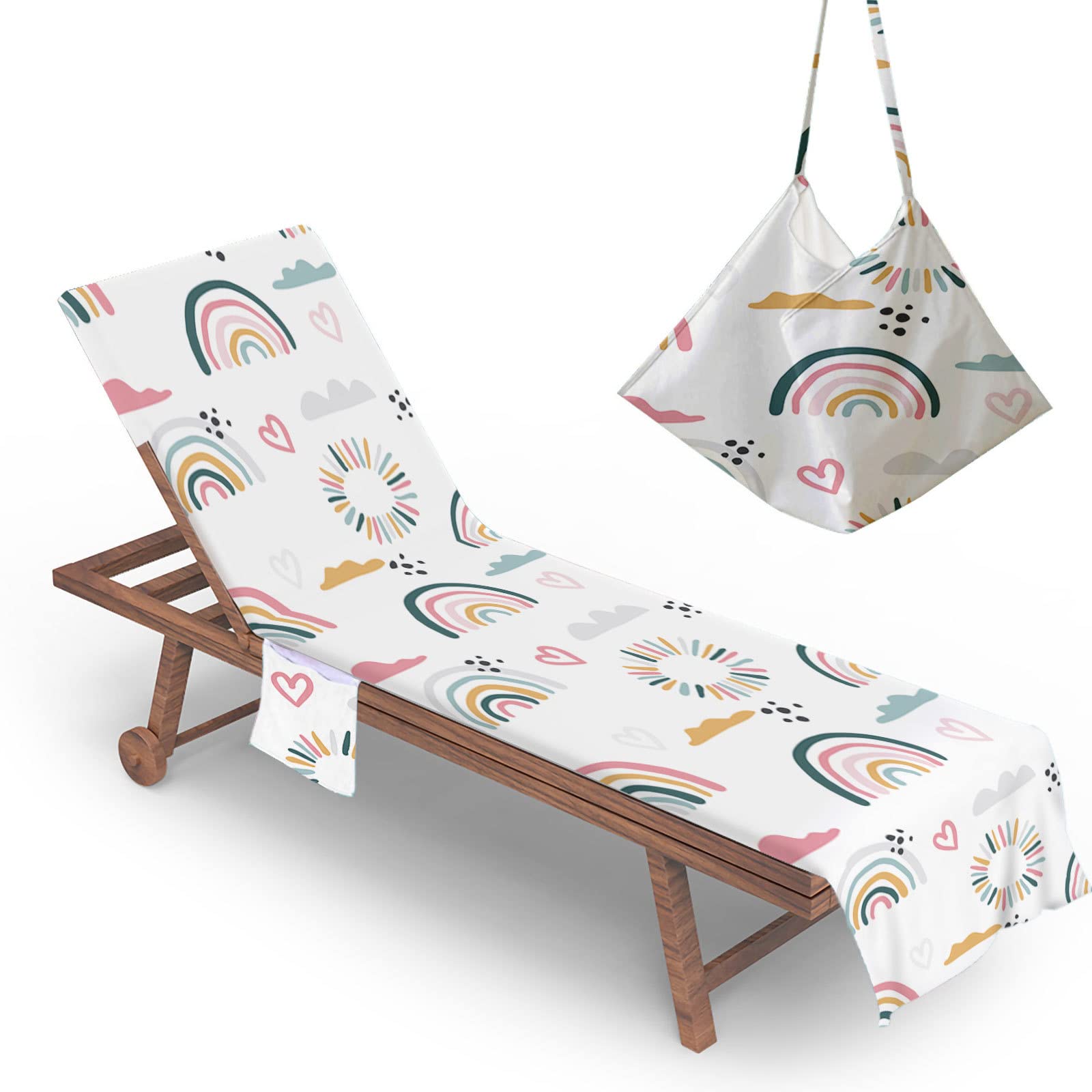 RRrawgff Beach Chair Cover Towel Cartoon Rainbow Print Beach Towel Lounger Bags with Pockets, Fitted Microfiber Sunbed Towels Summer Outdoor Sun Lounger Towels (73x210cm,Style E)