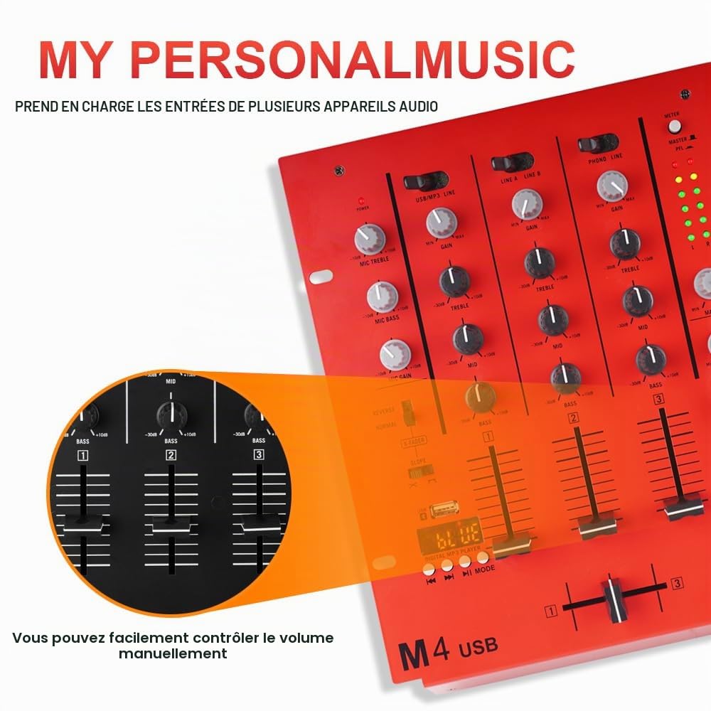 M4 Table de mixage DJ 4 canaux (rouge) - Mixeur audio avec Bluetooth et USB - Crossfader - Égaliseur 3 bandes - Régulateur de gain et fonction moniteur de repère - Tableau de son professionnel
