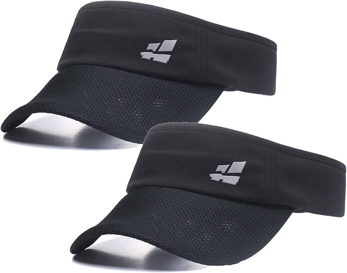 2 Pack Sun Visor for Men Women,Premium Sports Tennis Golf Running Hat, Athletic Mesh Adjustable Cap (Black)