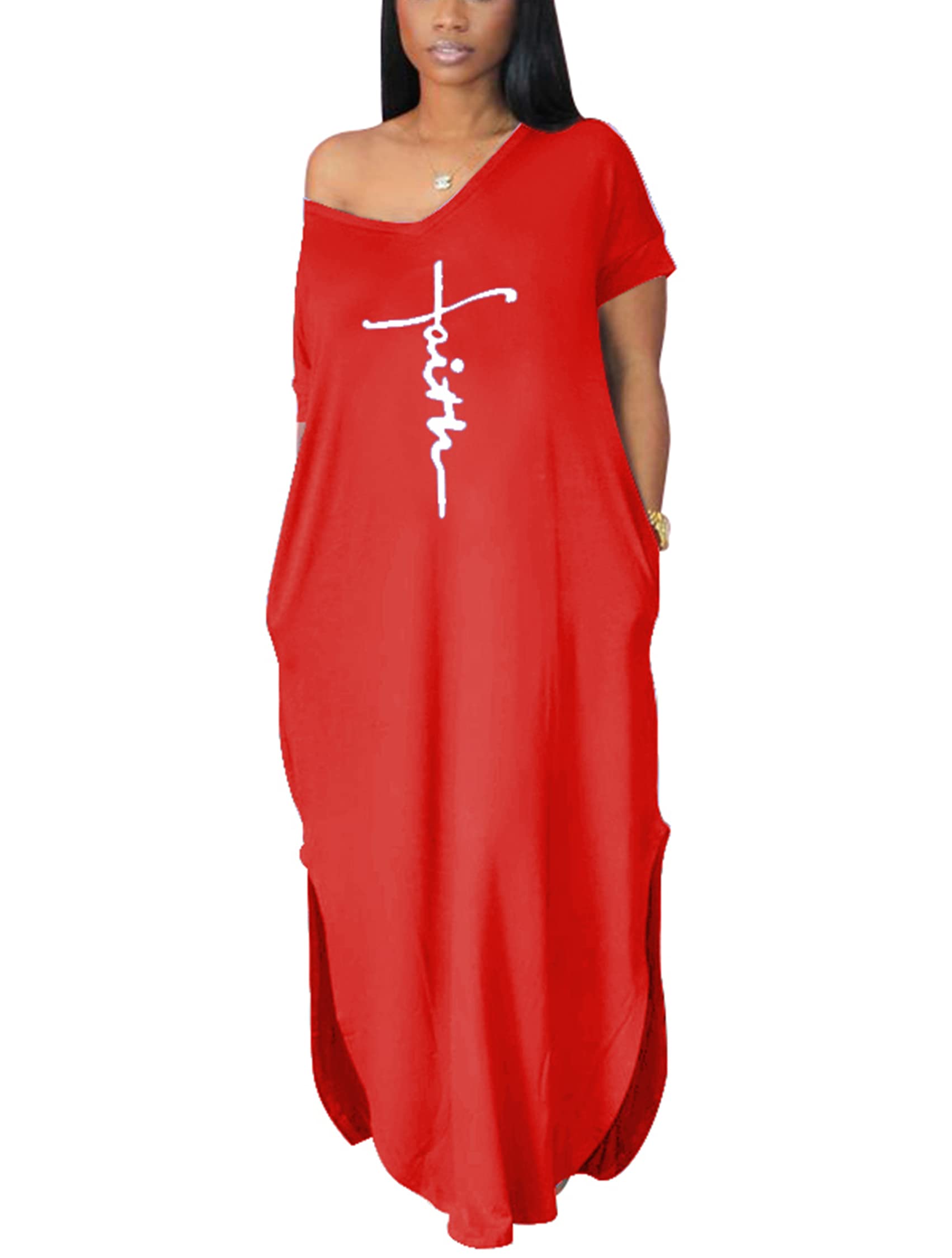 Women's Summer Casual Short Sleeve V Neck Tshirt Long Dress Loose Side Split Beach Maxi Dresses with Pocket