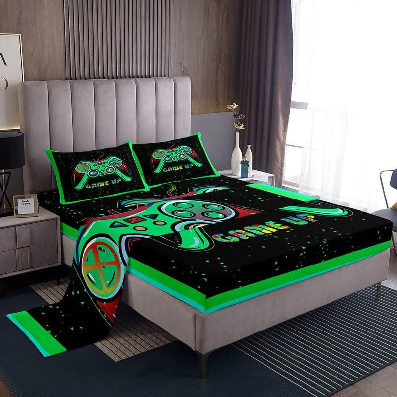 Gaming Bedding Set King Size for Boys Kids Bed Sheet Set Gamer Video Game Sheets Set Lightweight Breathable Men Teens Neon Green Game Room Decor Sheet, 1 Fitted Sheet + 1 Flat Sheet + 2 Pill