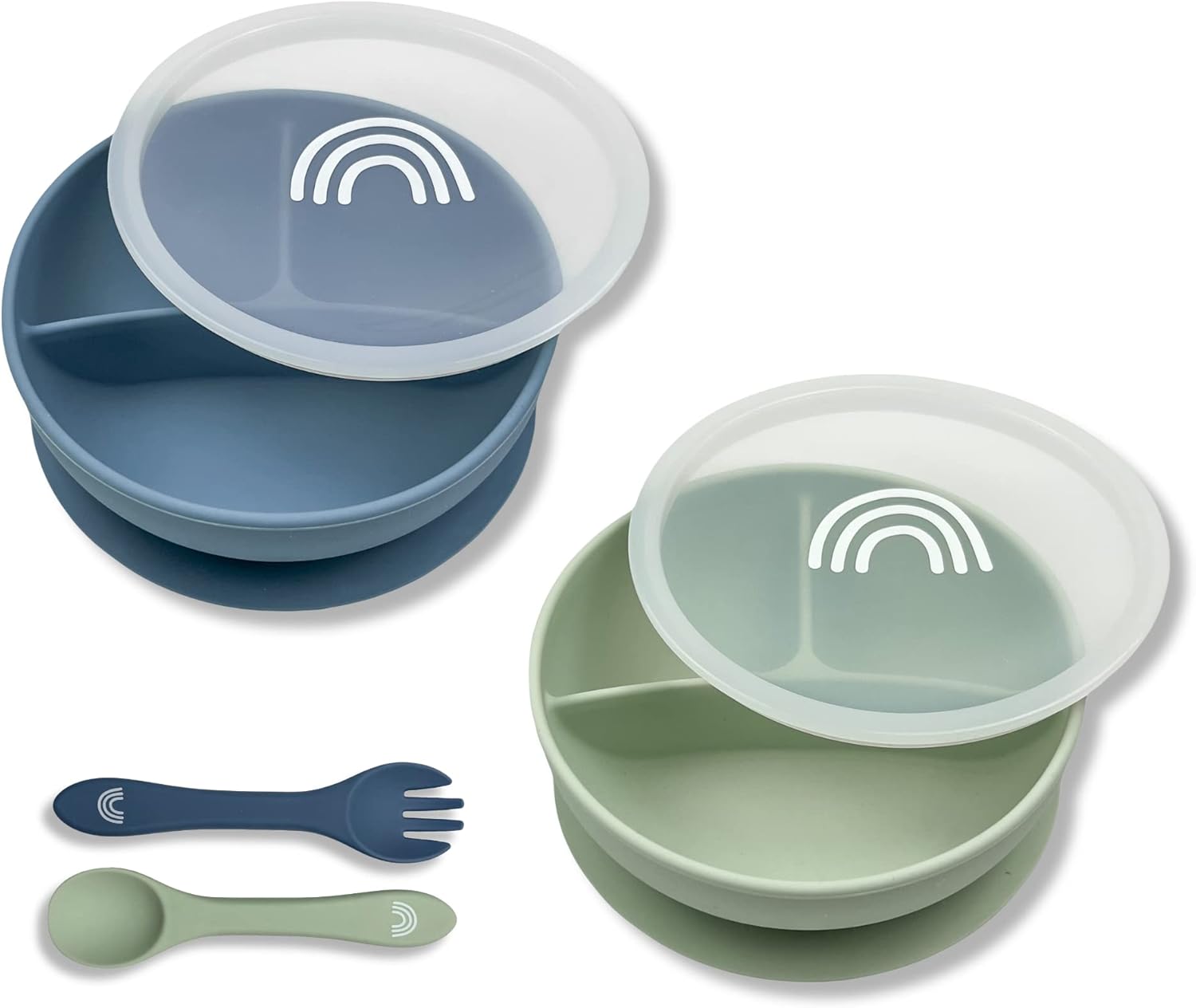 Hippypotamus Suction Bowls with Lids & Utensils - Baby & Toddler - 100% Food-Grade Silicone Divided Bowls - BPA Free - Dishwasher Safe - Set of 2 (Sage/Fog) : Baby