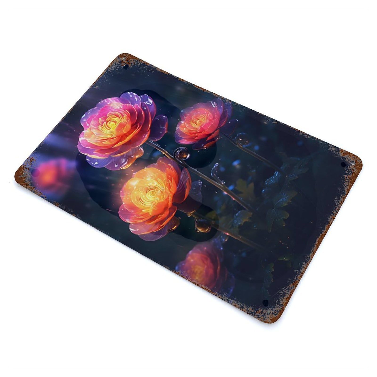 Distressed Metal Wall Sign Rainy Ranunculus Flower 11.8"x7.9", Vintage Wall Decor for Garage, Bar And Workshop Decor