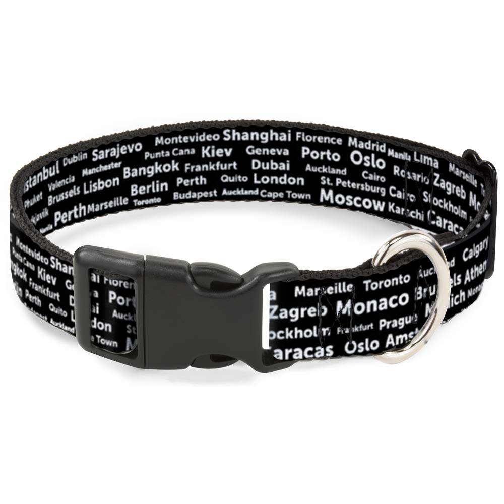 Collier Buckle Down 15-66 cm à motif Verbiage Villes avec boucle clip plastique grand format