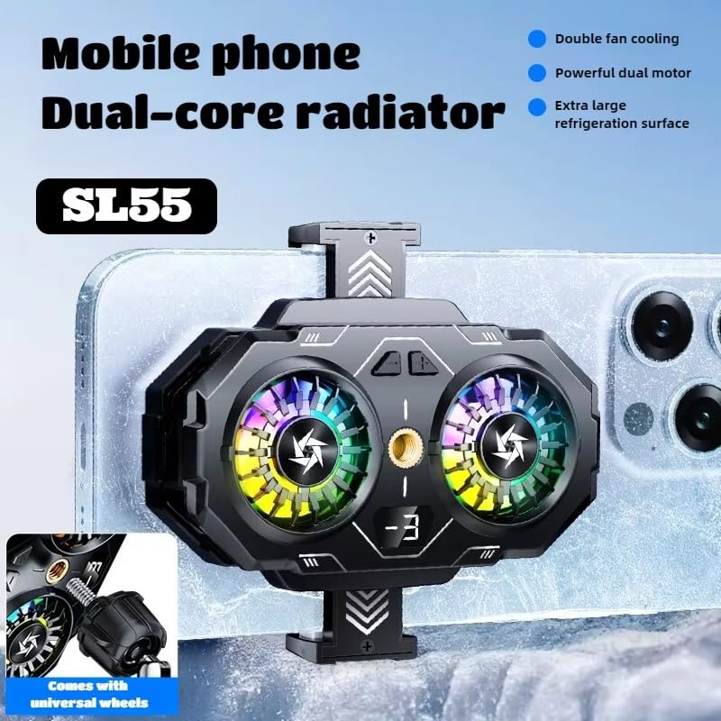 Image of BKN SL-55 Fast Cooling Mobile AC Dual-Fan Radiator 3 Gear Adjustable Phone Temp Display Cooler System Heat Sink With RGB Back Clip Type | Compatible with iPhones /Android Phone Width from 6 to 8 cm