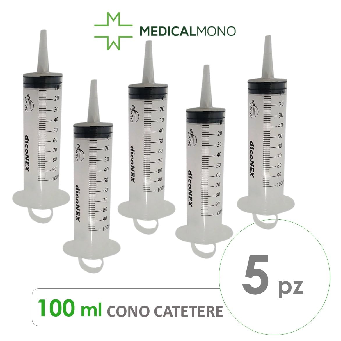 MEDICALMONO - Siringhe STERILI DicoNEX 100 ml Senza Ago, Cono Catetere, Sterile, Monouso, Latex-Freel - 5 Pezzi