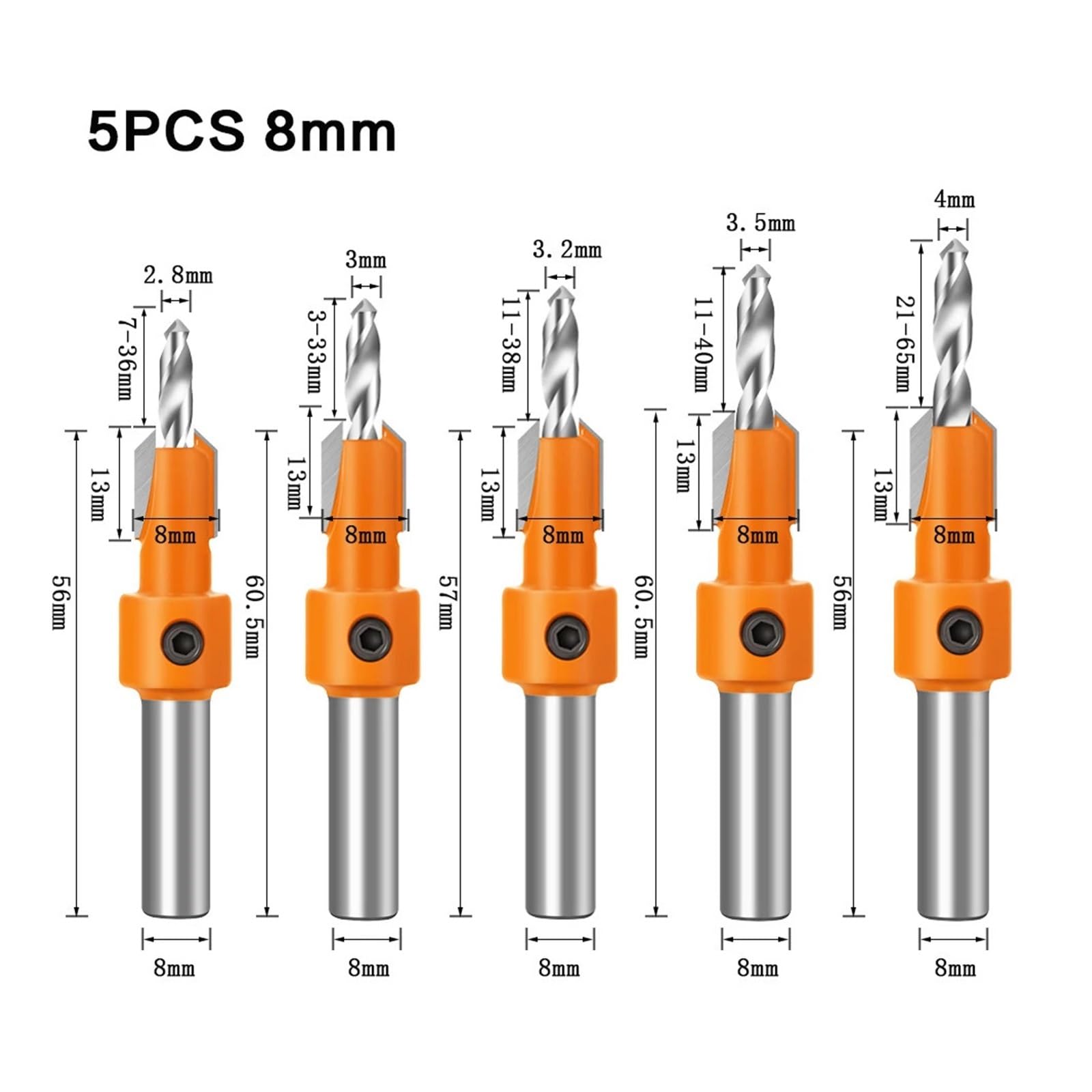Un set di trapano a foro svasato for lavorazione del legno con vite su testa in lega, trapano a gradini, strumento di installazione for fori for viti autofilettanti in legno(5PCS 8MM)