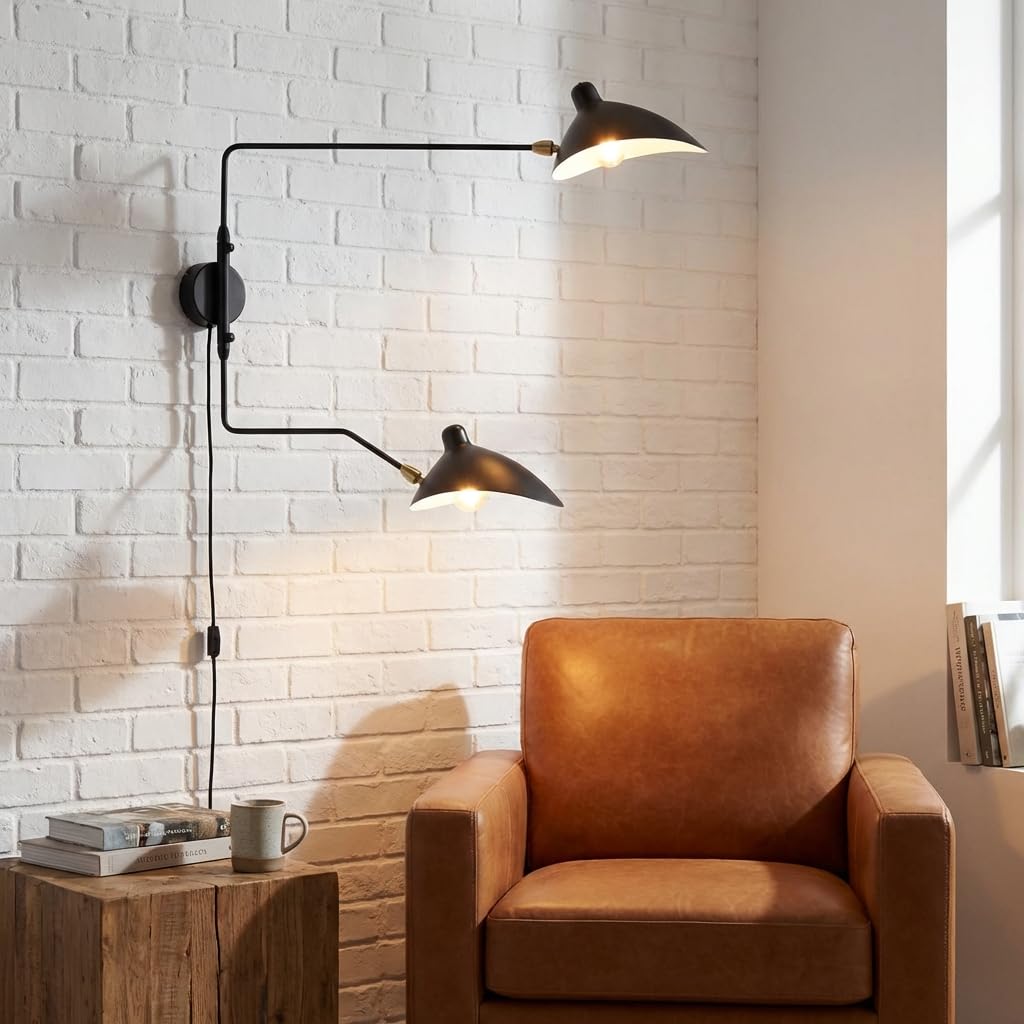 BARCELONA LED Applique da Parete Nera in Ferro a Doppio Braccio E27, Lampada da Parete Grande con Cavo e Interruttore, Design Classico Moderno Vintage di Lusso per Interni