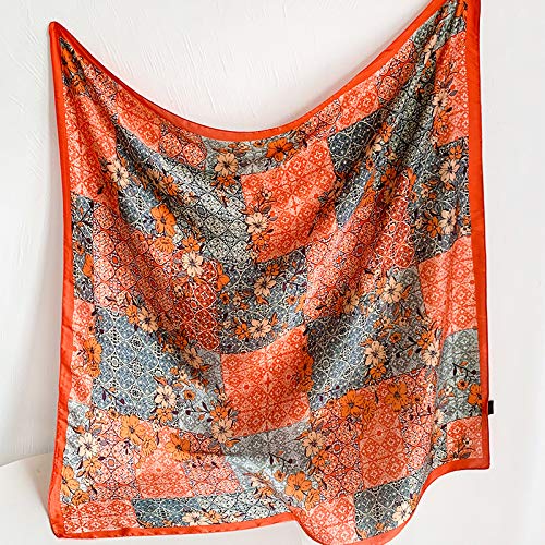 First Choose 100% Pure Silk Feeling Women Scarf Sunscreen Shawls Wraps-Lightweight Striped Neckerchief– Breathable Digital Printed Scarves (Orange-Flower Print), 90X90Cm #TOP7