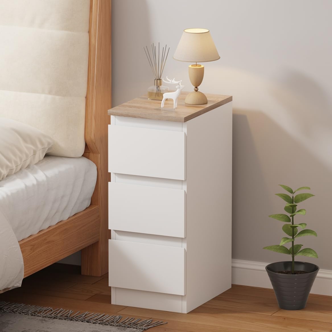 Menaka 25CM Narrow Bedside Table Cabinet Oak, Slim 3 Drawers Side Table Bed Side Nightstand for Bedroom Living Room (white oak matte 3 drawer, no charging)
