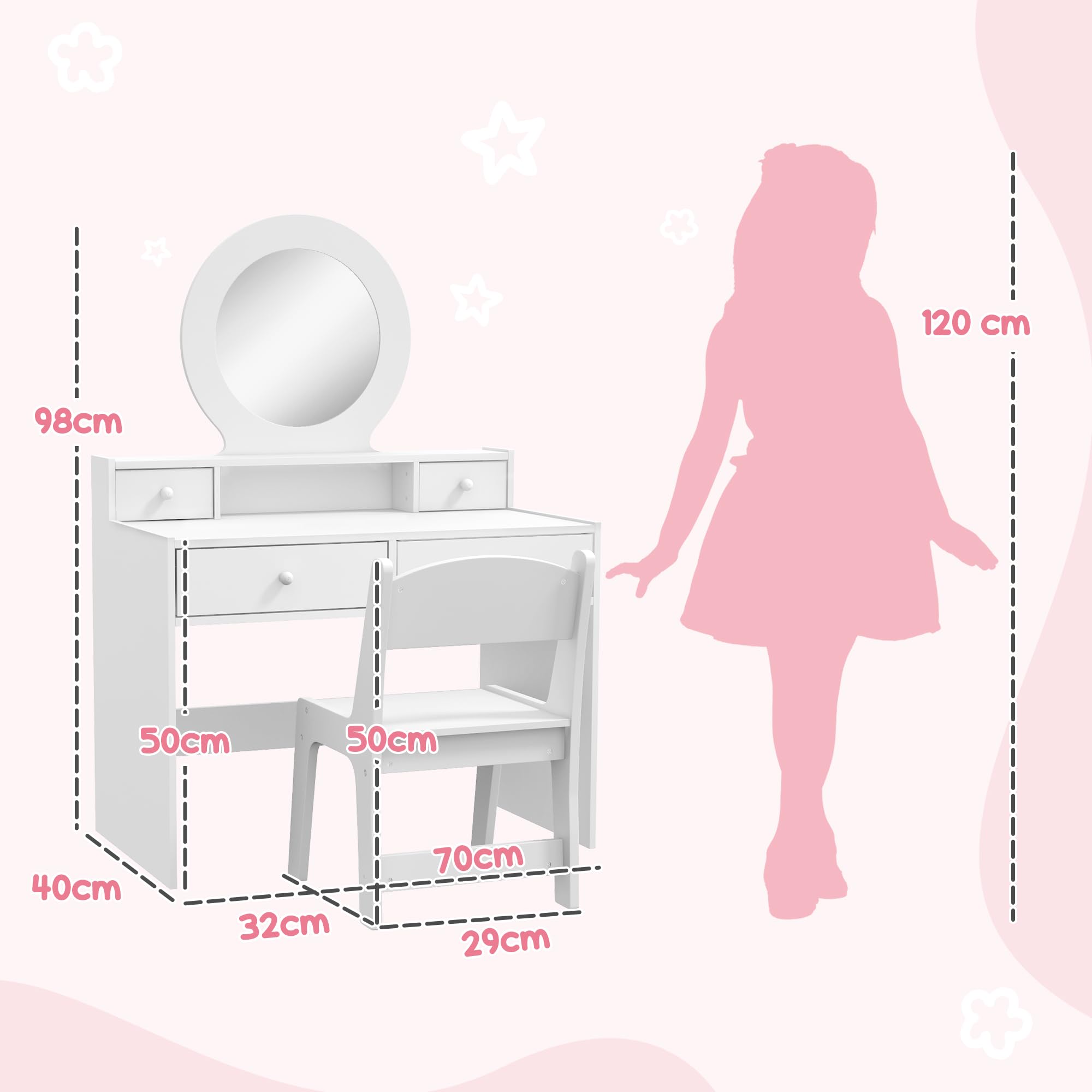 AIYAPLAY Tocador Infantil con Espejo y Taburete, Tocador Infantil Set de Maquillaje con Cajones de Almacenaje Regalo para Niños de 3 a 8 Años - Blanco
