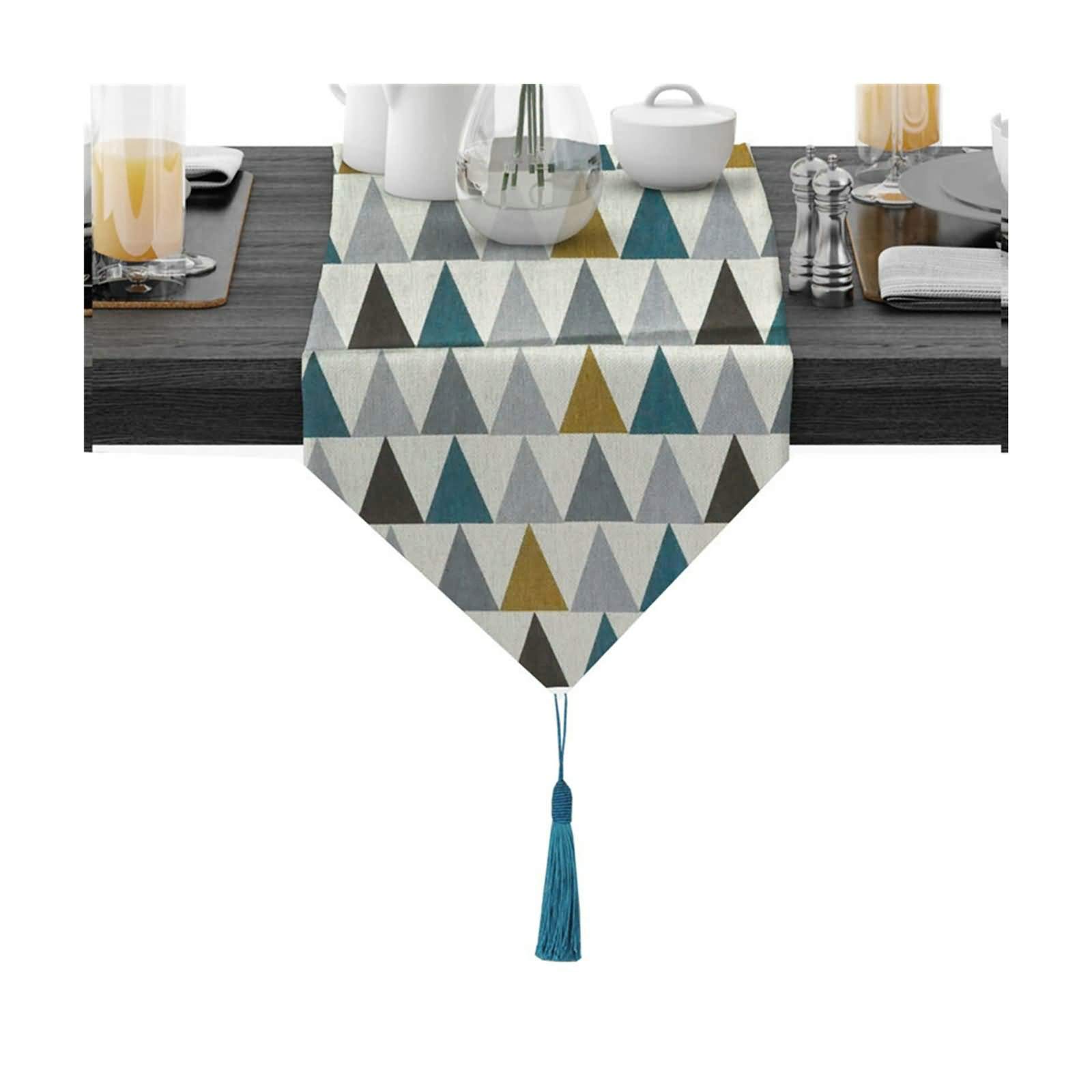 Aeici Camino de mesa de comedor de algodón, diseño de triángulo, camino de mesa de comedor, 30,4 x 188,8 cm, lavable, para mesa de comedor, color azul y gris