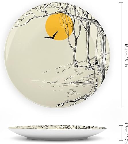 Miniatura 2 de Plato decorativo de 7 pulgadas, decoración de apartamento, artesanía de cerámica, luna llena en el bosque con rama seca, gaviota, tranquilo,