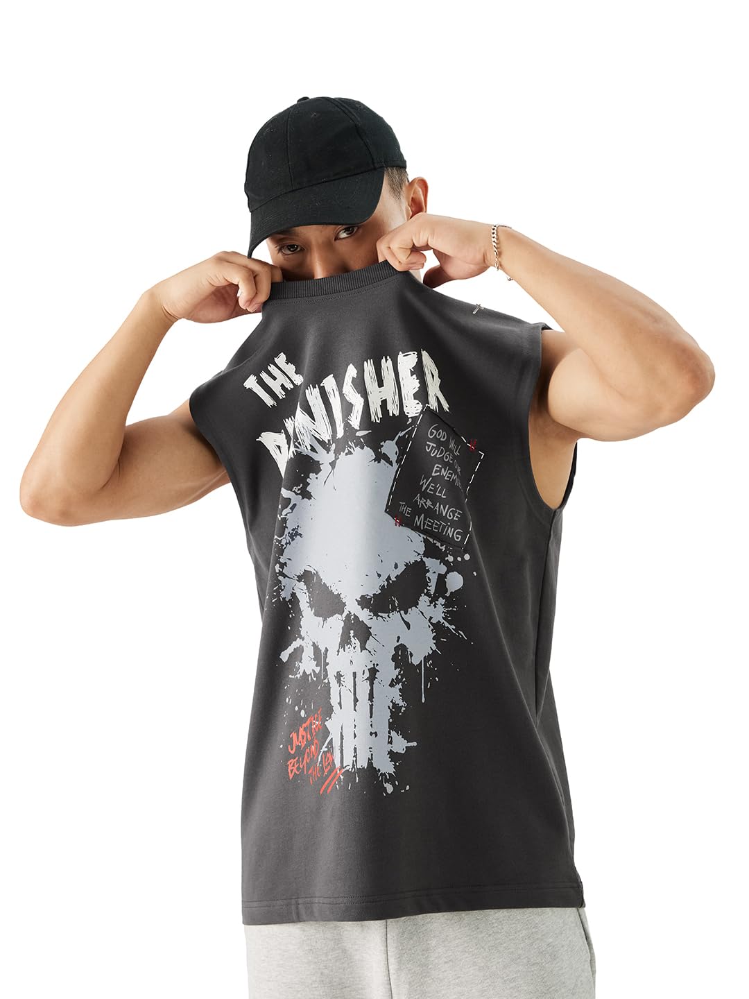 Official Punisher: Graffiti Men and Boys Round Neck Sleeveless Grey Graphic Printed Regular Fit Cotton Vests