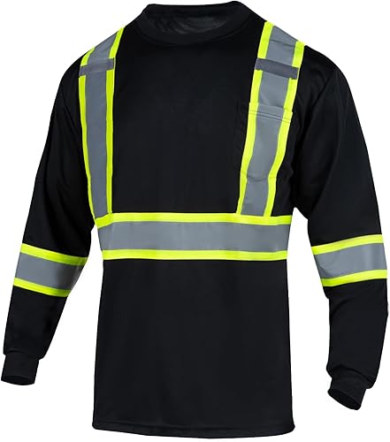 FONIRRA Camiseta de seguridad de manga larga reflectante de alta visibilidad, camisa de trabajo de construcción ANSI Clase 2 para hombres (negro,