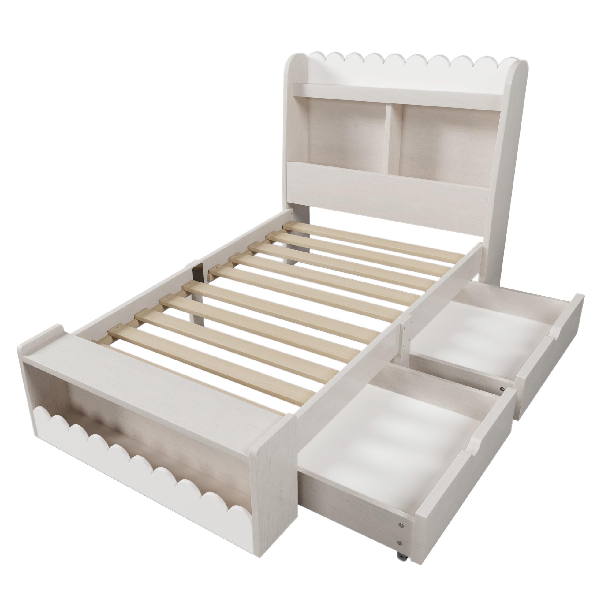 LAKFEW Cama 90x190 cm Camas Infantiles con Banco de Almacenaje y 2 Cajones, Cama Individual Camas Juveniles con Almacenamiento en Cabecero, Estructura de Madera, Blanco+Roble Claro, Sin Colchón