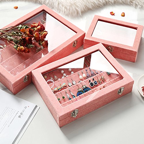 Wuligirl Velvet Clear Lid Jewelry Organizer Box Stackable Jewelry Storage Display Tray Holder Showcase (Earrings) - Thumbnail 4