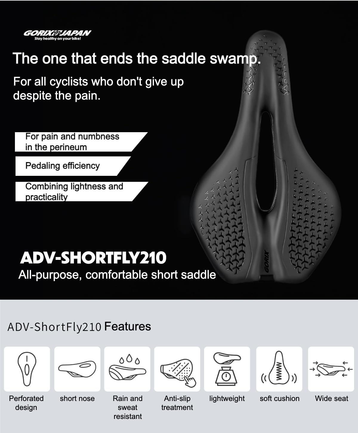 GORIX Asiento de sillín de bicicleta grueso y cómodo, nariz corta, absorción de impactos, bicicleta de carretera de montaña (ADV-ShortFly210)