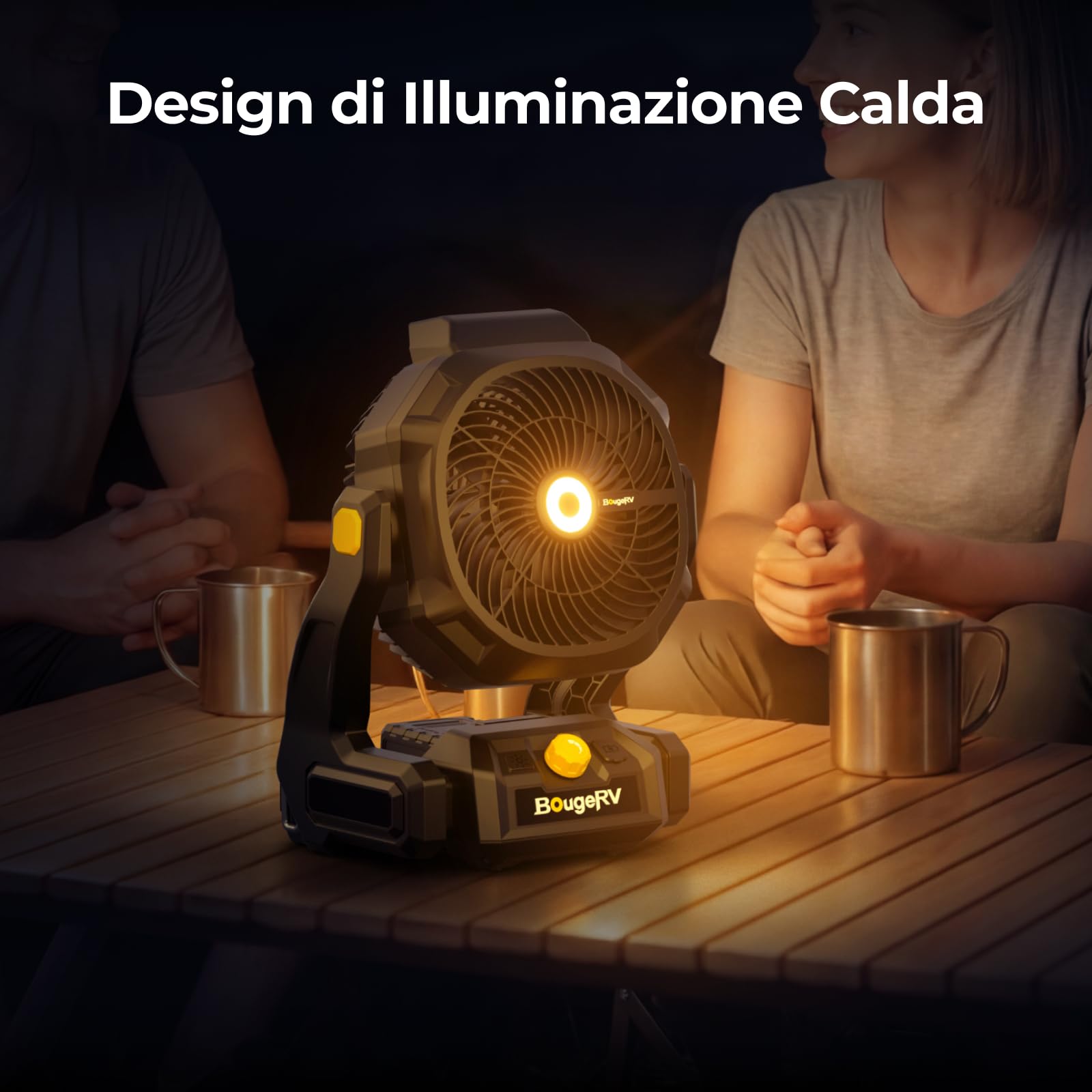 BougeRV Ventilatore portatile ricaricabile da 18 V, 8 Ah, alimentato a batteria, 755 CFM, con doppi ganci in metallo, porta USB, luce brillante per esterni, lavoro, magazzino, campeggio, camper