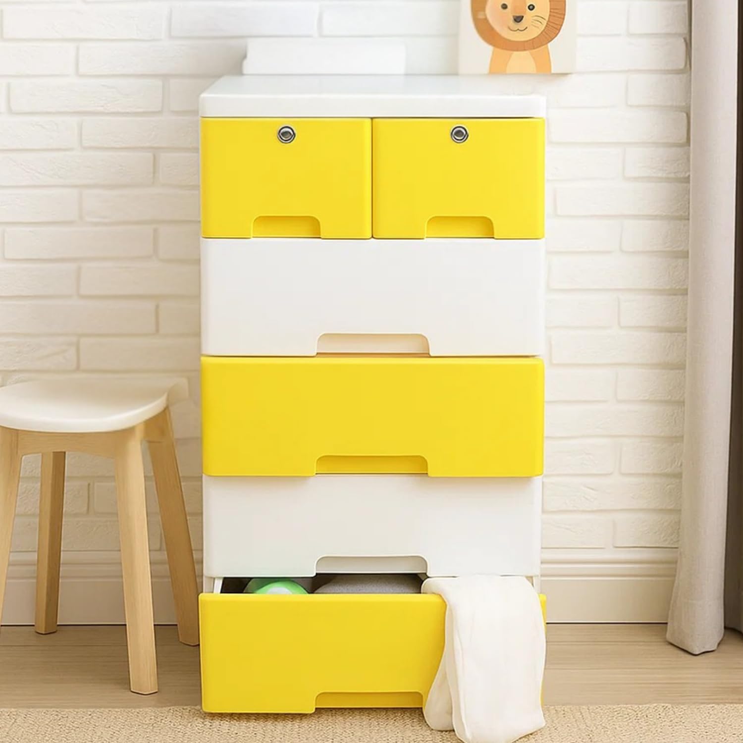 The Tickle Toe 6-Drawer Plastic Chest for Kids | Yellow White Storage Cabinet with Locking Drawers | Multi-Purpose Organizer for Clothes & Toys | 44L x 28.5W x 82H cm