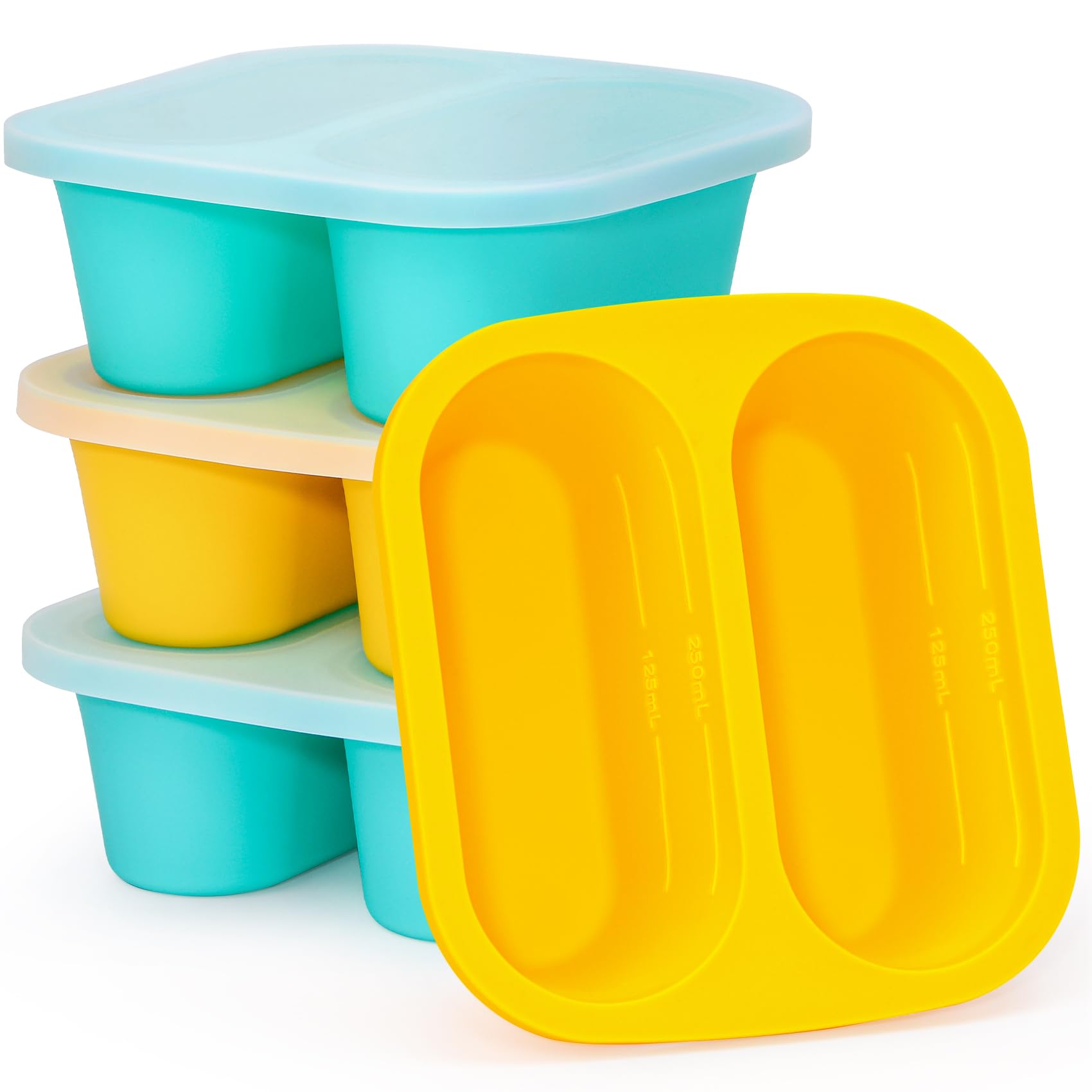 Mossime Silicone Soup Freezer Molds: 1 Cup Silicone Freezer Trays with Lid - 4 Packs Easy Release Soup Freezer Containers - 250ml 125ml Portion Large Cubes for Ice Soup (4, Blue/Yellow)
