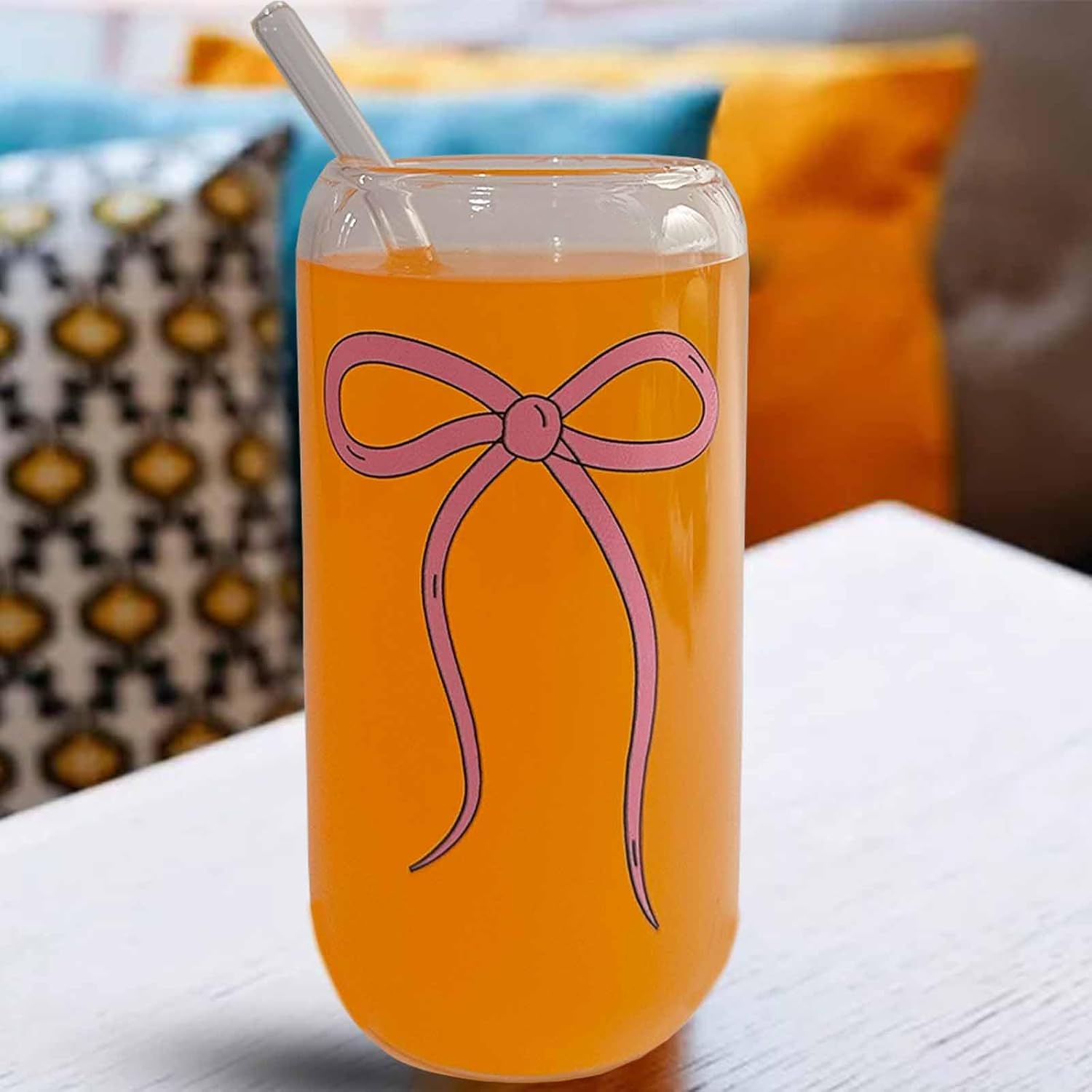 Pink Bow Cup, Cute Bow Glass, 16 OZ Glass Cups with Lids and Straws, Coffee Cup, Gift for Her in Graduation Season, Mother's Day, Valentine’s Day, Birthday, Christmas Day - Image 5