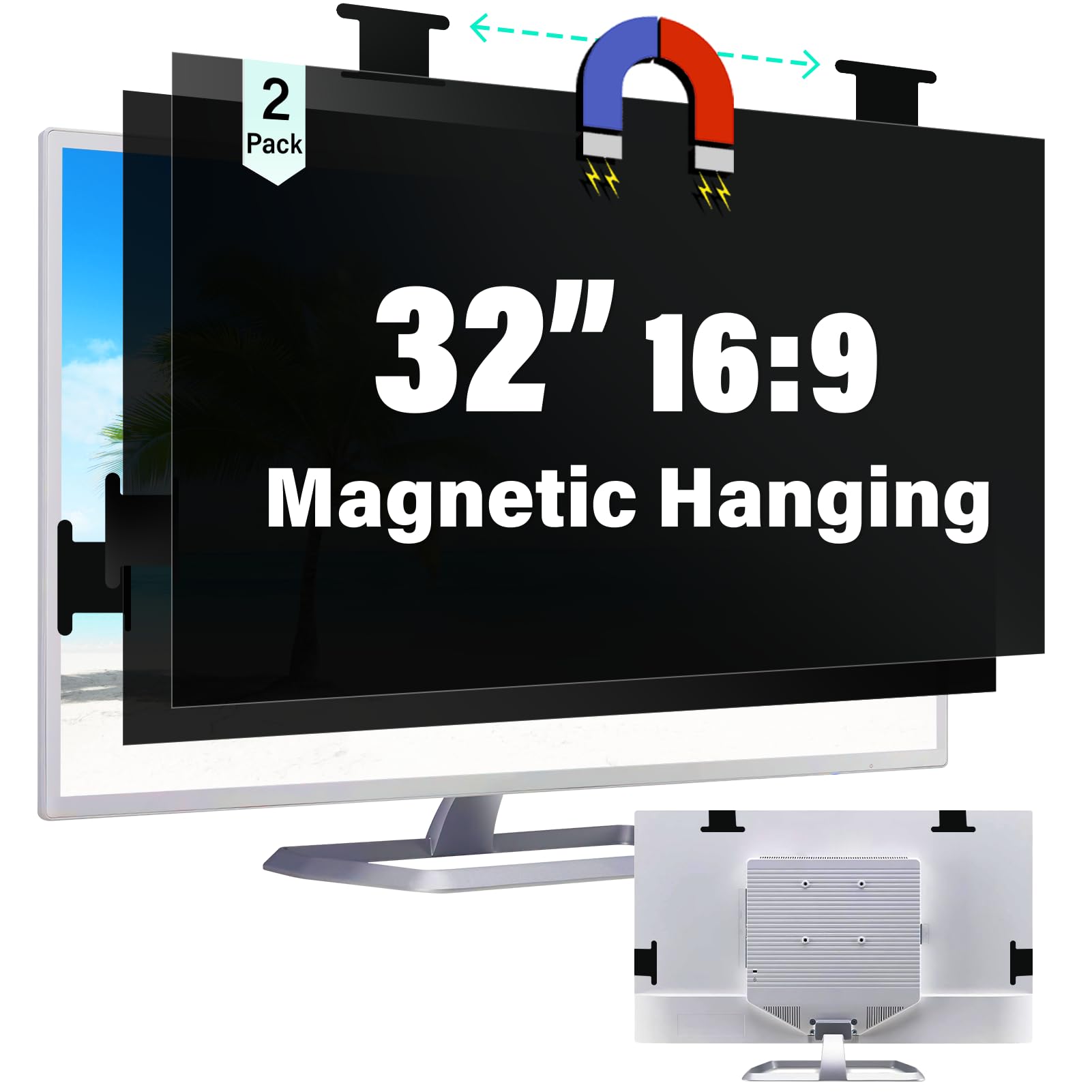 [2 Pack] Magnetic Hanging 32 Inch Computer Privacy Screen for 16:9 Aspect Ratio Widescreen Monitor, Removable Eye Protection Anti Glare Blue Light Computer Monitor Privacy Filter