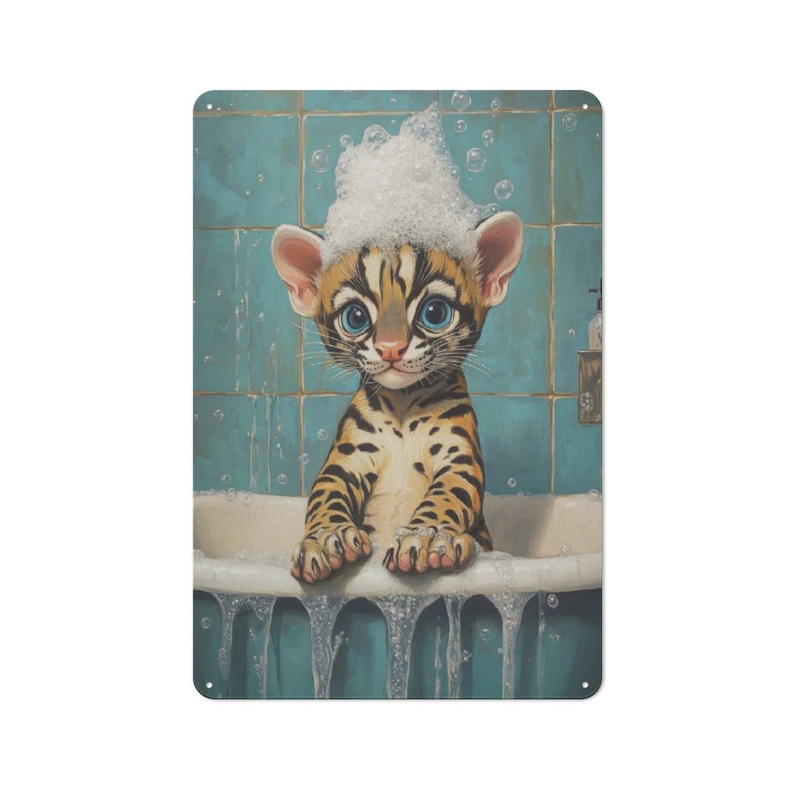 Junmoney Style-7 Classic Bengal Kitten Bath Time Metal Gift Sign 30X20cm, Small Space Decor For Home, Shop, Pub Or Studio Wall