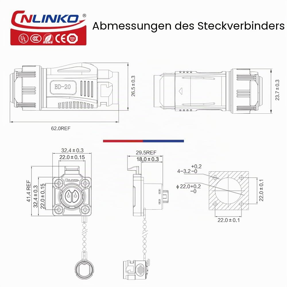 CNLINKO BD-20 Industrieller Wasserdichter Steckverbinder IP67 Rundsteckverbinder Eingebaute Buchse Luftfahrtstecker Anti-Interferenz-Shell Aviation-Anschluss M20 2-14 Polig Flanschdose (2 Polig) | Rundsteckverbinder, Eingebaute Buchse, Luftfahrtstecker, A
