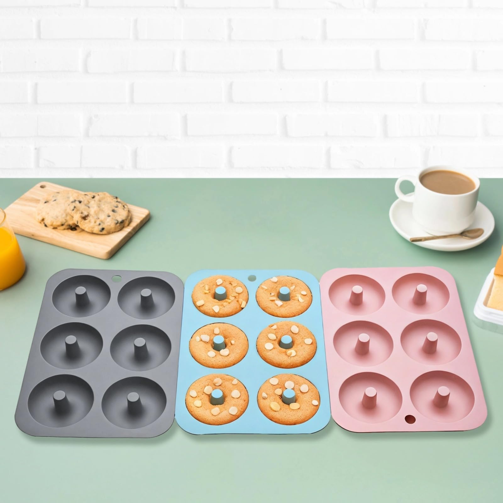Generisch Silikon-Backformen für Donuts, 3er Set Donut-Backform in Pink, Blau und Grau, 6 Mulden-Design, Bagel-Backformen zum Backen für selbstgemachte Backideen und Snacks zu Hause