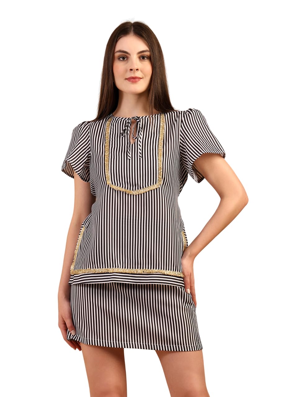 blanc 9 Stylish Womens Linen Blend Striped Short Sleeves Keyhole Neck Regular Fit Co-ord Set | Lightweight & Breathable Fabric | Top with Skirt Set-picture-19