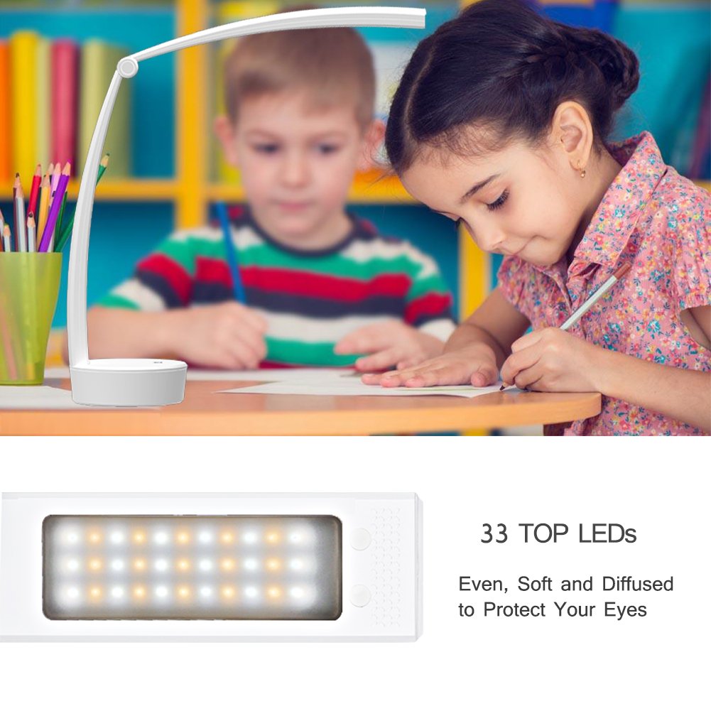 Lampe de Bureau et de Chevet à Led avec Stepless Variateur Tactile - Idéal pour Enfant Chevet - Portable et Rechargeable - Pliable à 180° - Autonomie de 8 Heures - 3 Types de Lumière