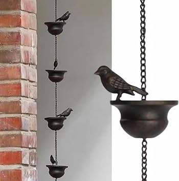 Outdoor Bird Rain Chain, Garden Gutter Decoration With Hanging Bird & Bowl Design