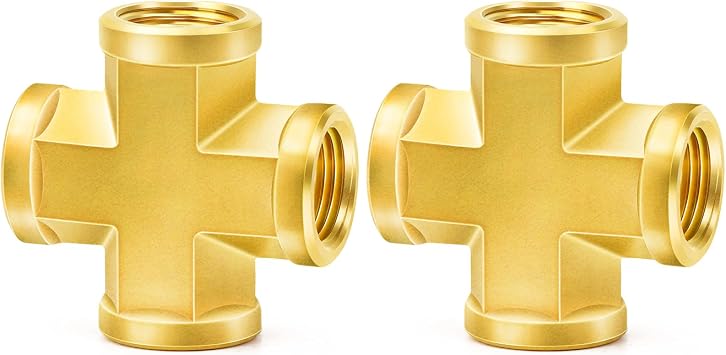 ChillWaves Brass Pipe Fitting, 4 Way Cross 1/2" x 1/2" x 1/2" x 1/2" NPT Female Thread Adapter2-PACK