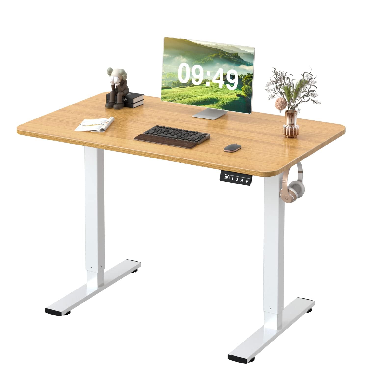 Furmax Electric Height Adjustable Standing Desk Large 40 x 24 Inches Sit Stand up Desk Home Office Computer Desk Memory Preset with T-Shaped Metal Bracket, Wood