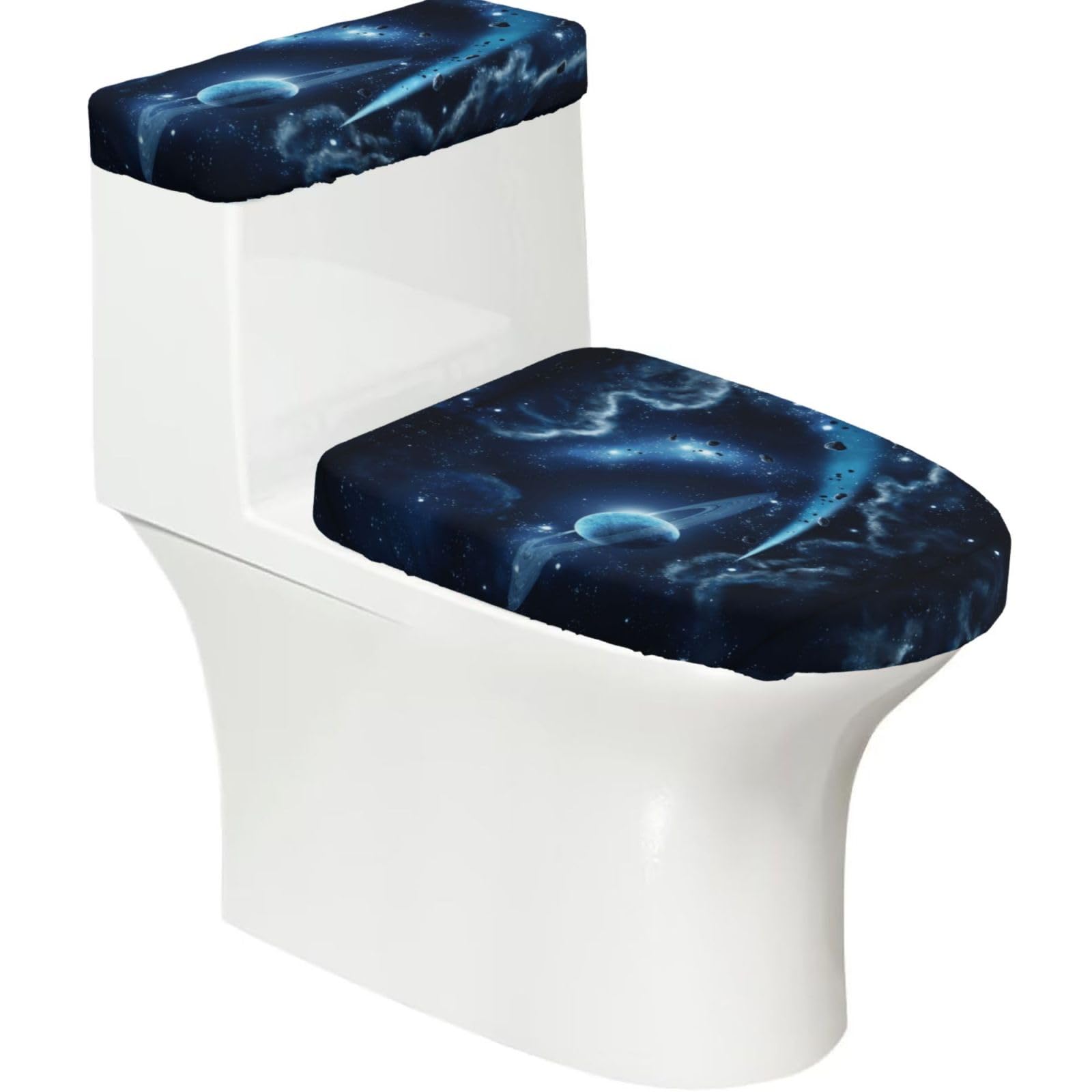 Wzycwb Black Moon Stars And Planets 2-Piece Toilet Seat Cover Set With Tank Lid, Elastic Fit For U-Shape & Elongated Toilets, Bathroom Decor, Housewarming Gift