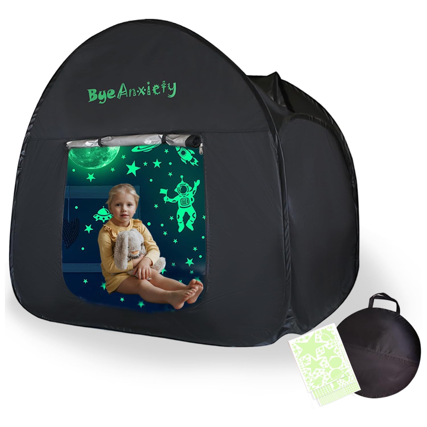 ByeAnxiety Big Sensory Tent for Kids with Autism - 47x47in, Fluorescent Sticker Sensory Calm Corner Helps Autism, ADHD, SPD Children Adults Relax, Improve Focus Autistic Play Tents with Bag & Window