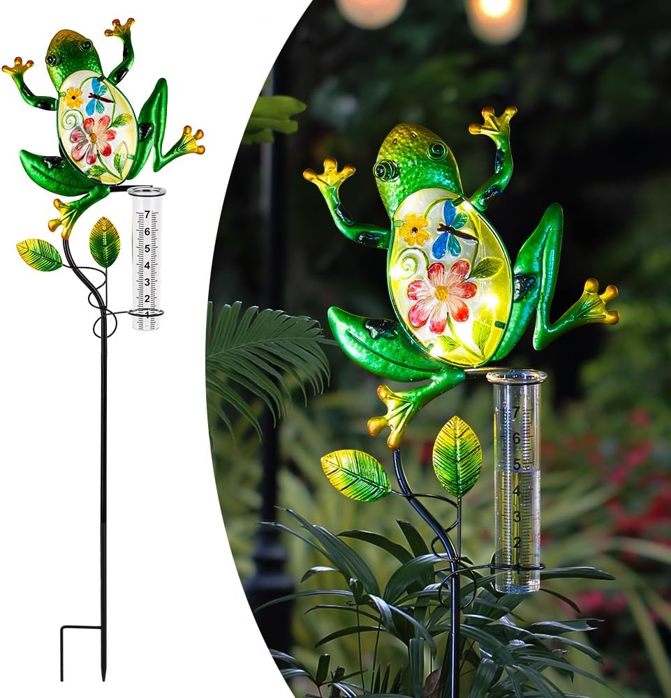 Solar Rain Gauge Outdoor, Frog Rain Gauge, 7 Inch Tube Decorative Rain Measure Gauge with Metal Stake, Solar Powered Stained Glass Rain Measure Tool for Garden