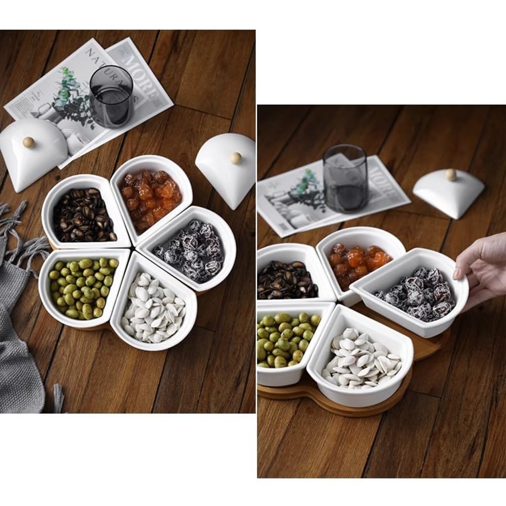 Plateau à goûter divisé avec 5 bols en céramique sur base en bambou – Parfait pour les apéritifs et les collations | Plateau de service polyvalent pour toutes les occasions