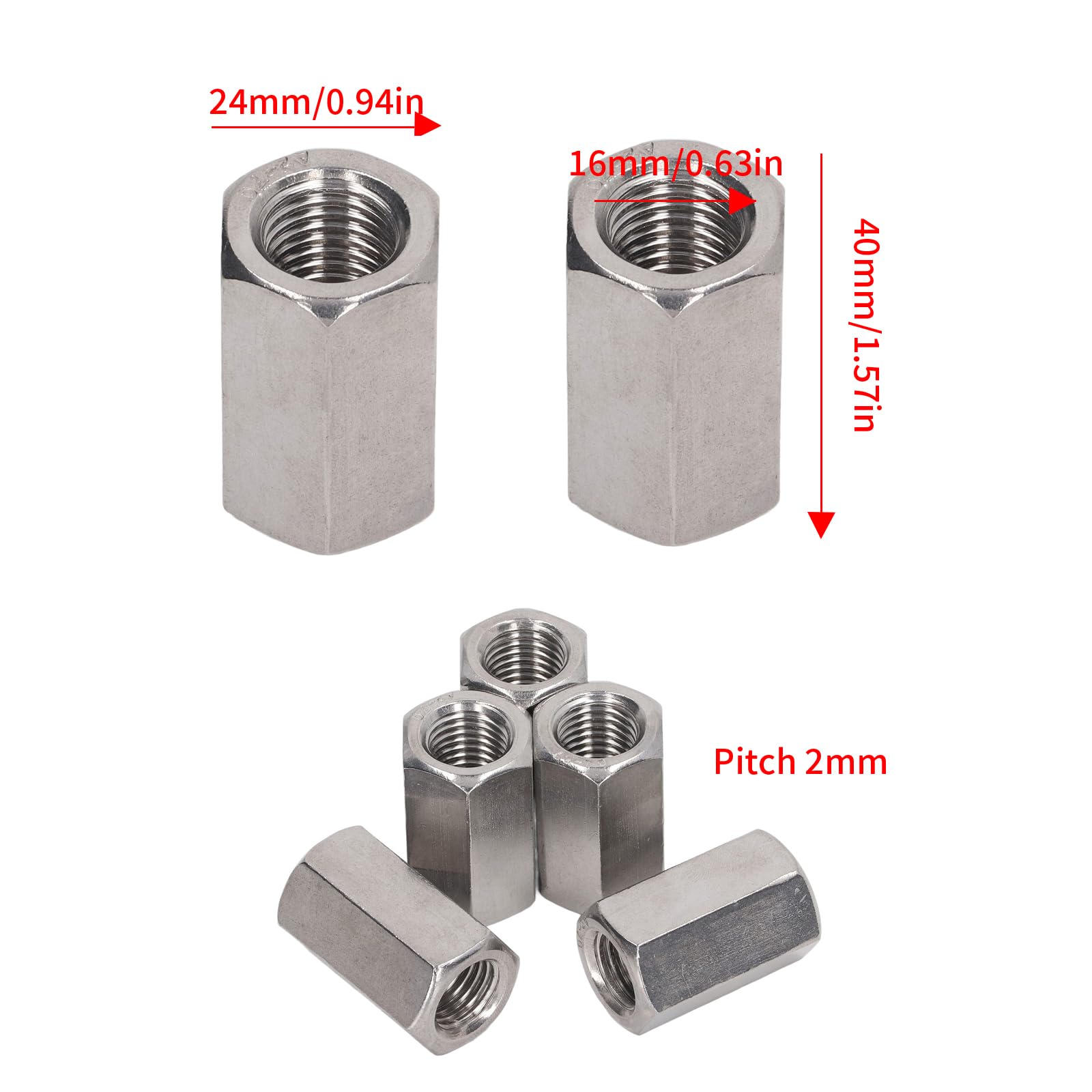 Pack of 5 M16 x 2.0-Pitch 40mm Length Metric Hex Coupling Nut 304 Stainless Steel Fully Threaded