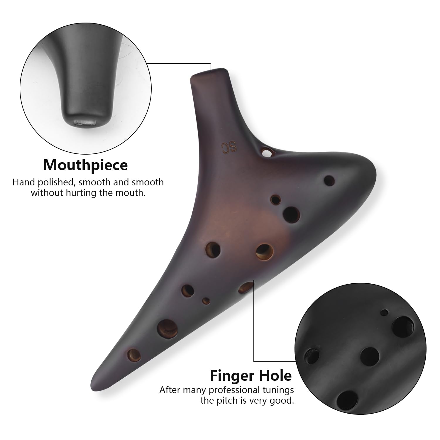Chiave soprano in Do – Ocarina Professional Master Tuning a 12 fori in ceramica piccola affumicata per sparare con diagramma diteggiatura, cordino da collo e scatola portaoggetti