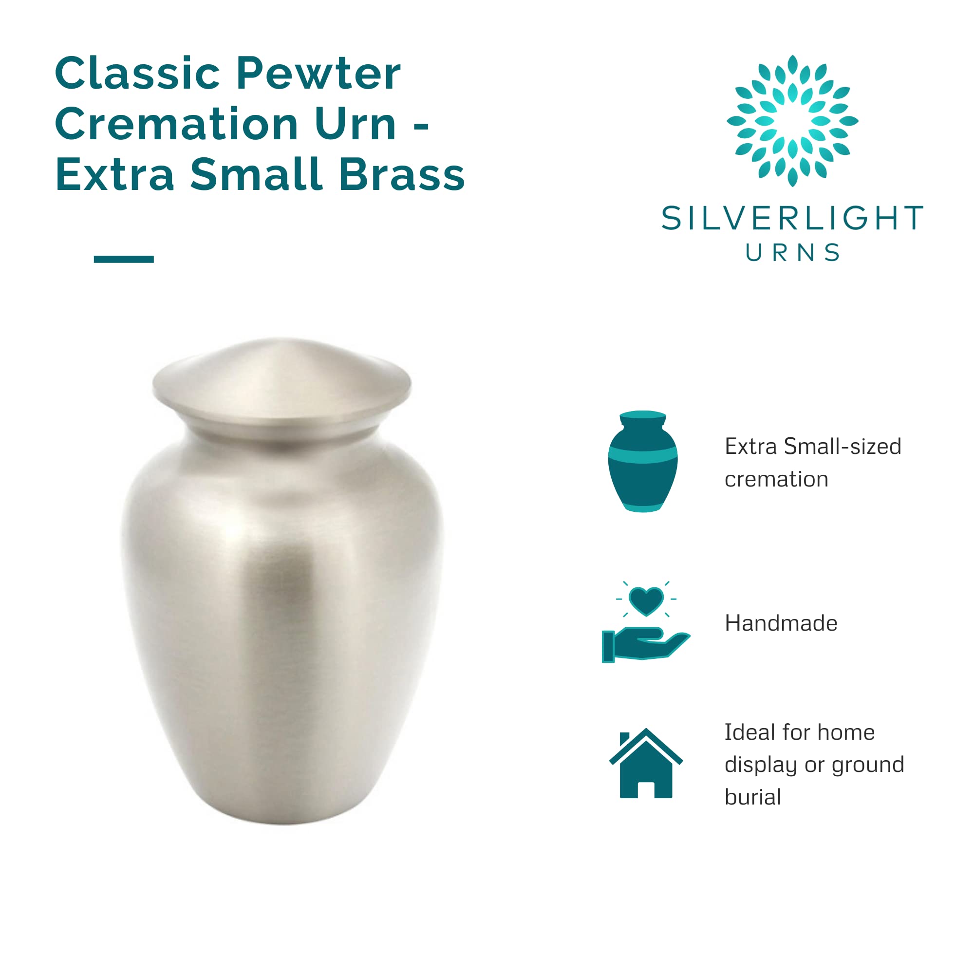 Classic Pewter Cremation Urn for Ashes - Extra Small, Brass, Silver Urn, Child Urn, Extra Small Sized Cremation Urn, 5.75 Inches High