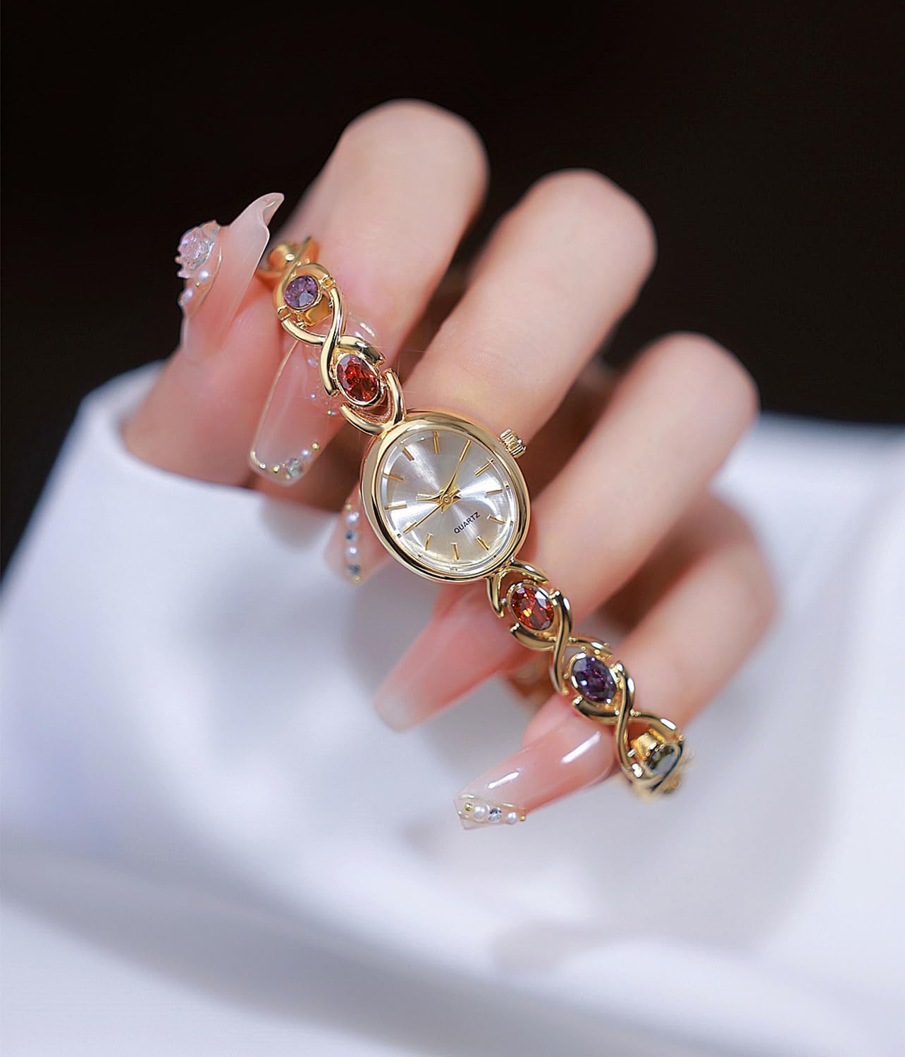 ADSBIAOYE Luxury Vintage Colorful Crystal Oval Women's Watch Fashion Ladies Small Dial Quartz Wrist Watch Waterproof Watch with Stainless Steel Band - Image 4