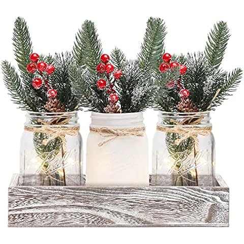 Painted Mason Jars Christmas Centerpiece - Wood Tray with 3 Jars for Table, Kitchen, Living Room Decor Cover
