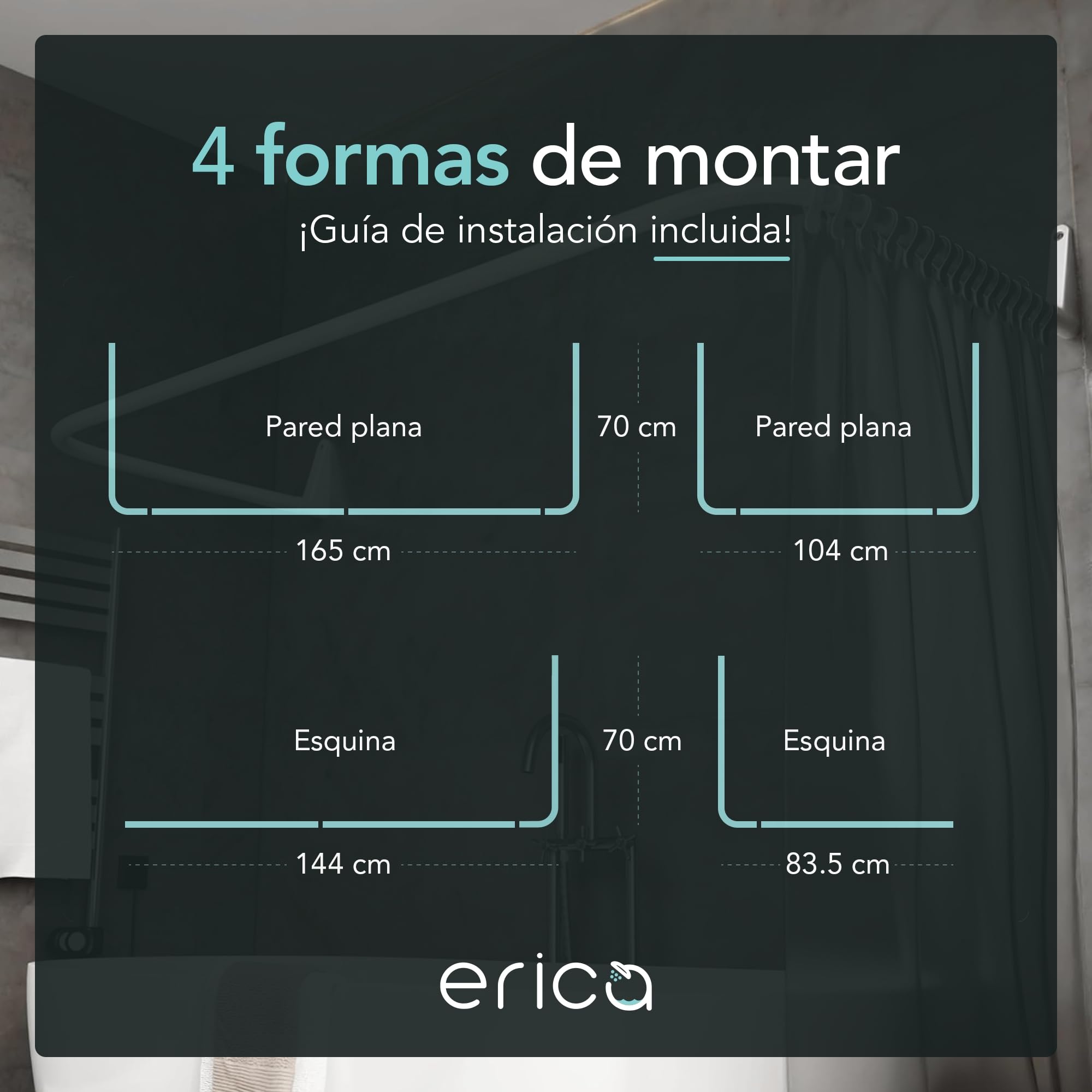 Erica Barra para Cortina de Ducha en Forma de U de 70x165x70cm, Barra para Cortina de Baño para Bañera sin Soporte en el Techo, Recubierta de Plástico sin PVC, Inoxidable (Blanco)