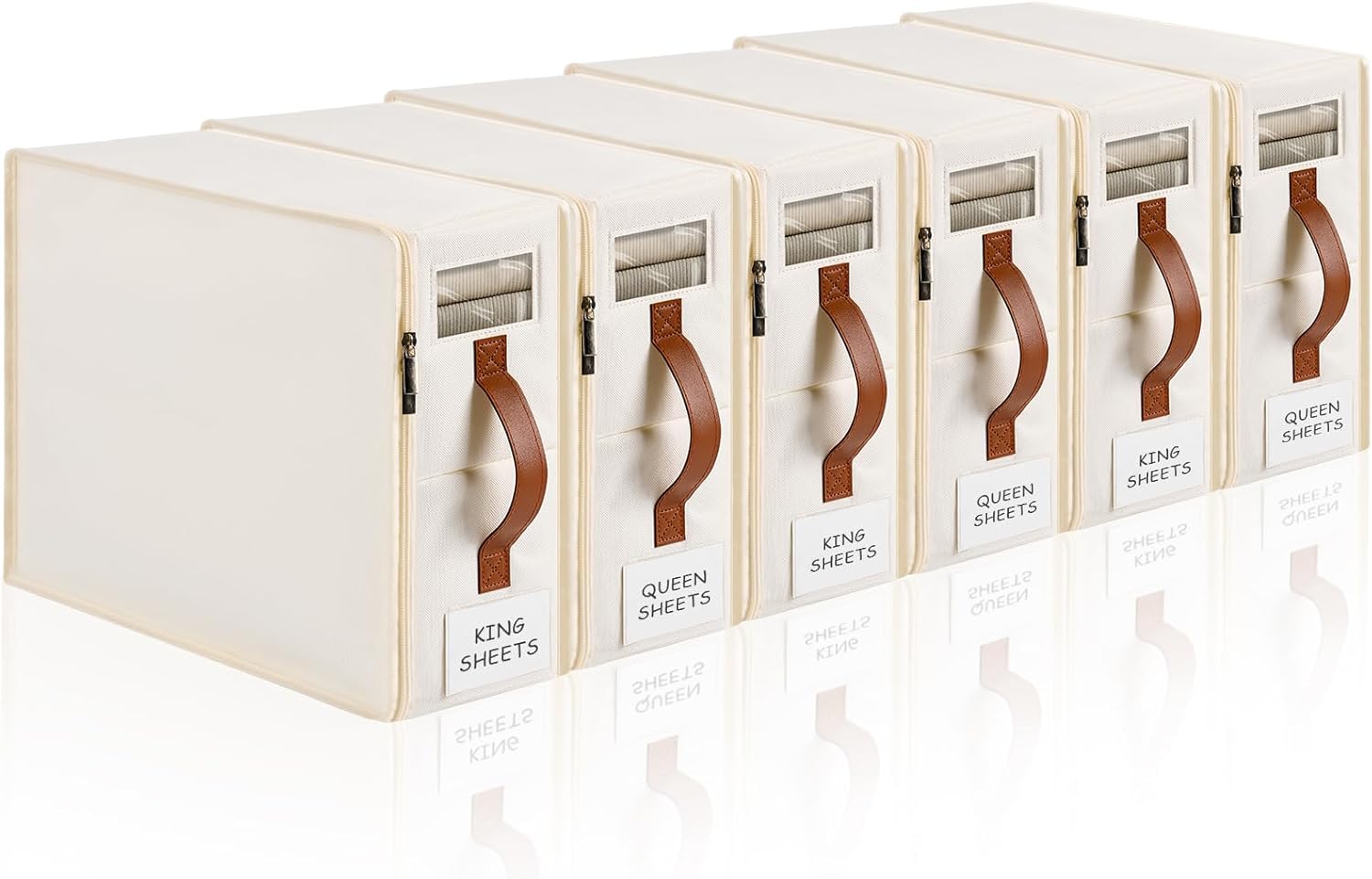 6 Pack Bed Sheet Organizers and Storage, Bedding Storage Box with Zipper, Label, Handle, Window, Linen Closet Organizer and Storage for Sheet Set, Clothing, Duvet Covers, Toys white 6 pack