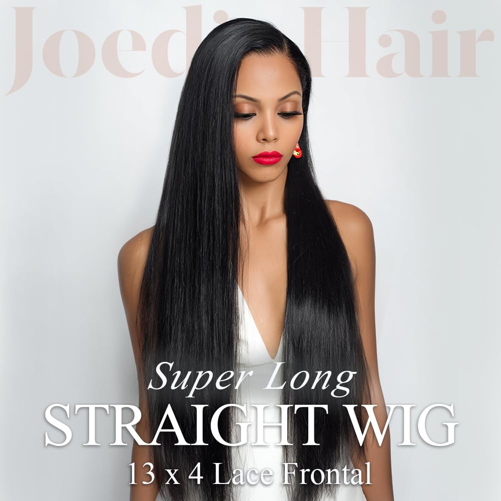 JOEDIR HAIR 13x4 Lace Front Wig 38 inches Super Long Straight Glueless Wigs Synthetic Hair Free Part 180% Density HD Transparent Heat Resistant (1B, 38 inches)